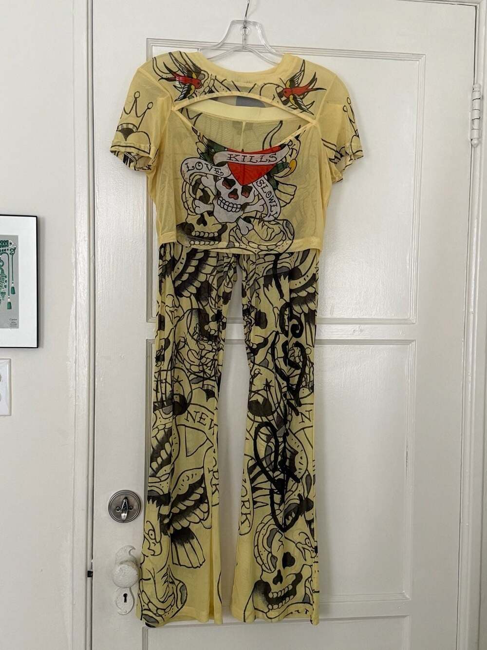Ed Hardy Y2K Love Kills Slowly Tattoo Print Yellow Mesh Crop Top And Pants Set